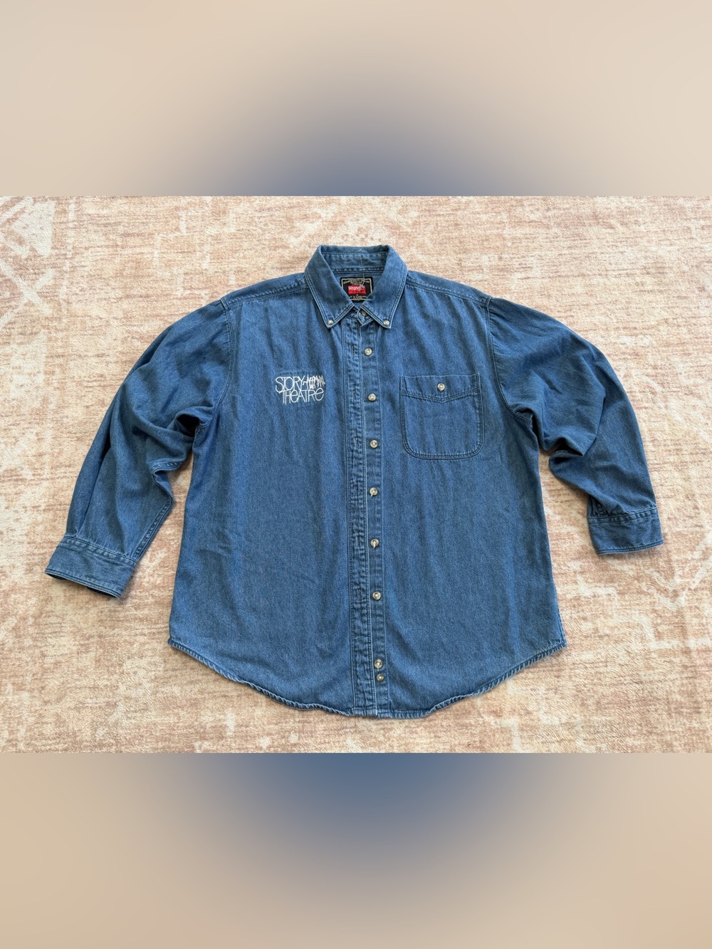 Wrangler Hero SZ M Denim Button Down Shirt Embroidered Paul Sills Story Theatre